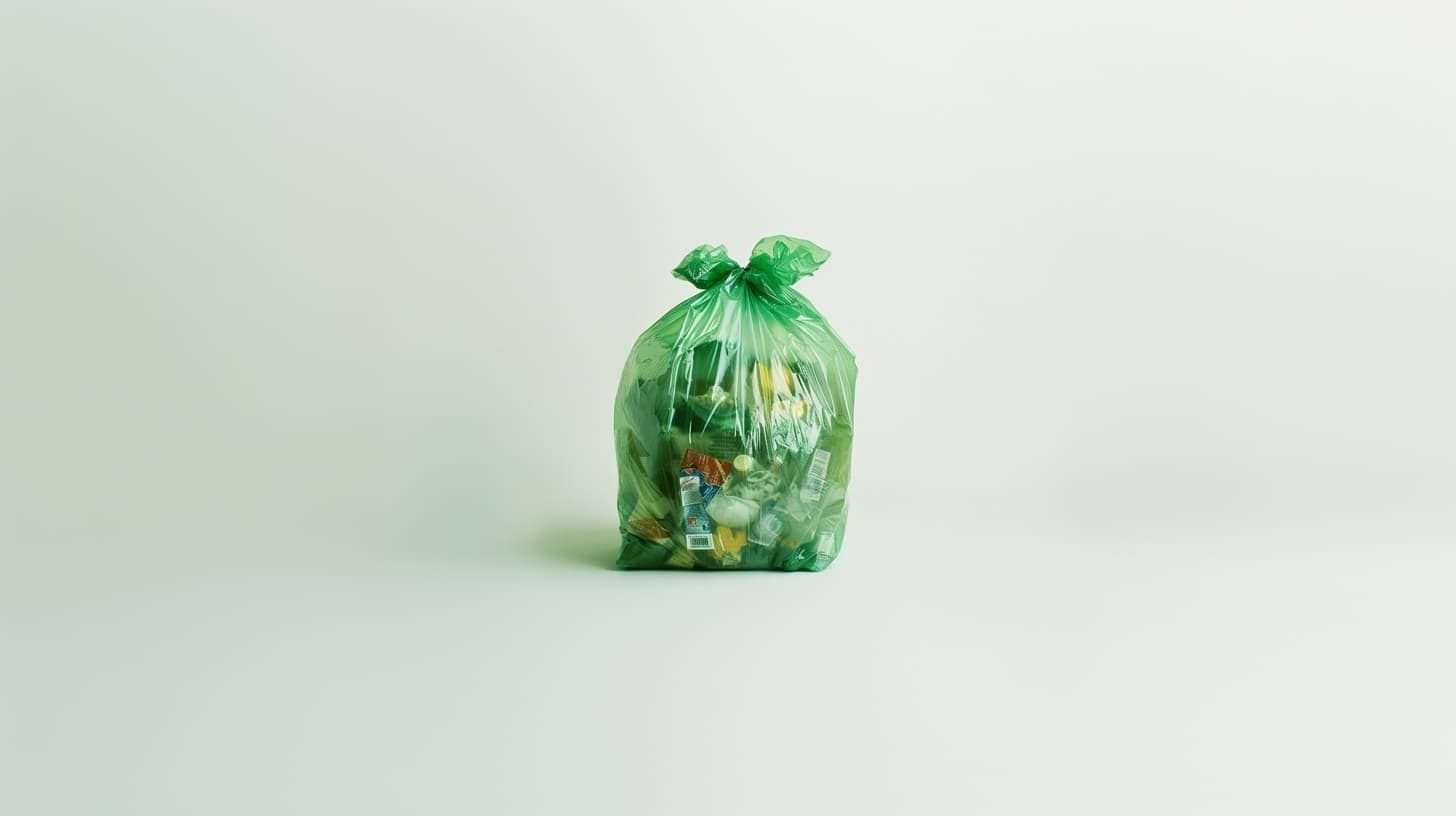A green bin bag filled with collected waste