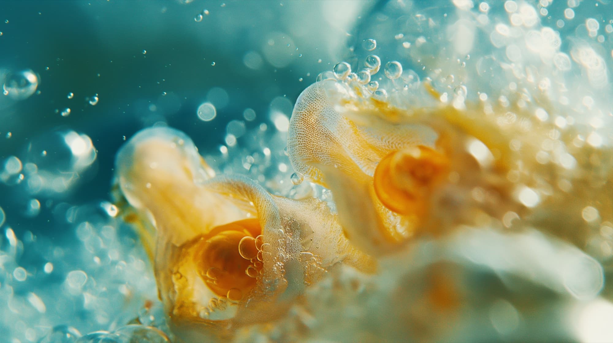 A tiny sea creature suspended in sunlit coastal water