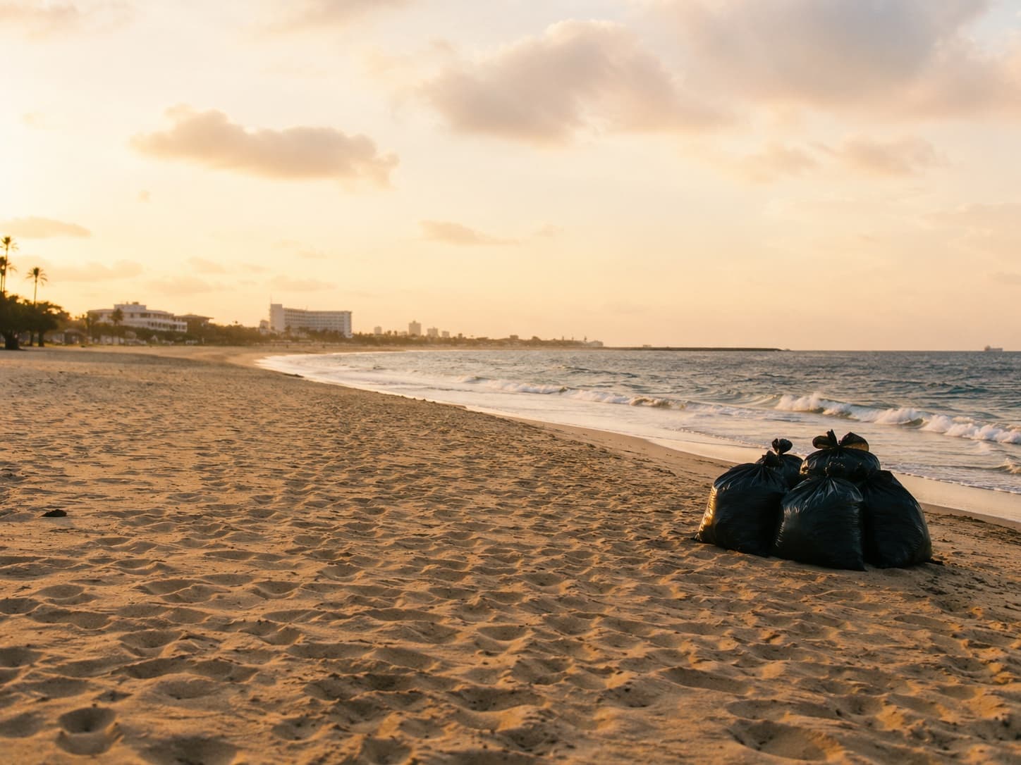 A cleaned stretch of Accra beach at sunset, with filled bin bags waiting for collection