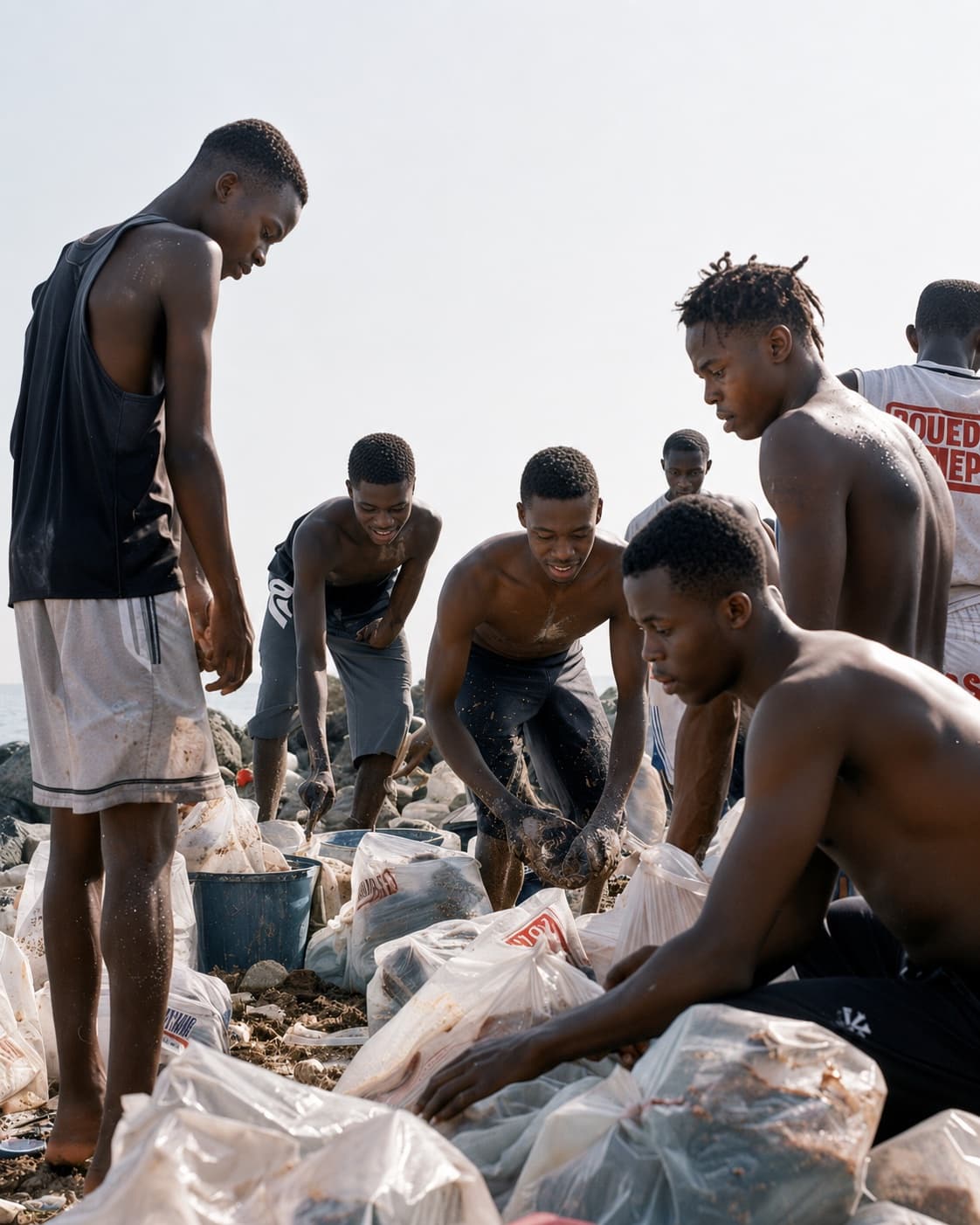 A group of young volunteers gathering plastic waste together during a coastal cleanup