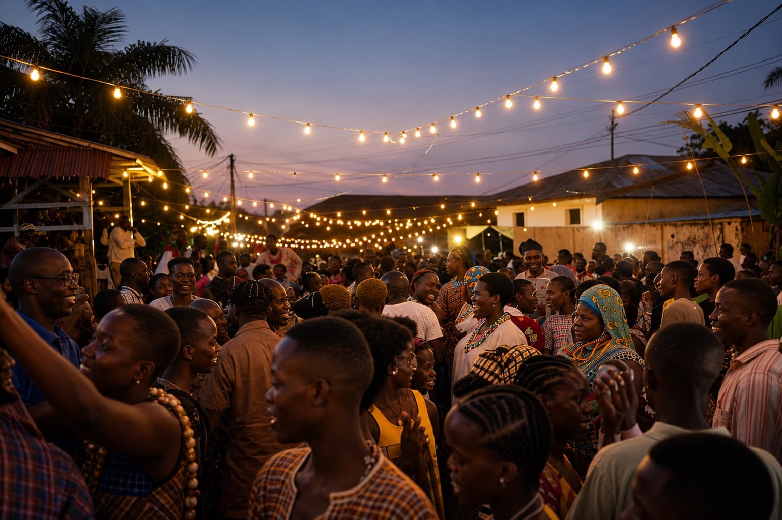 A community gathering at dusk under string lights, part of Ecopulse's advocacy and outreach work