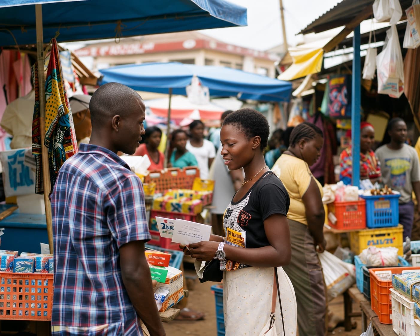 Ecopulse volunteers talking with vendors and sharing information at a busy Accra market
