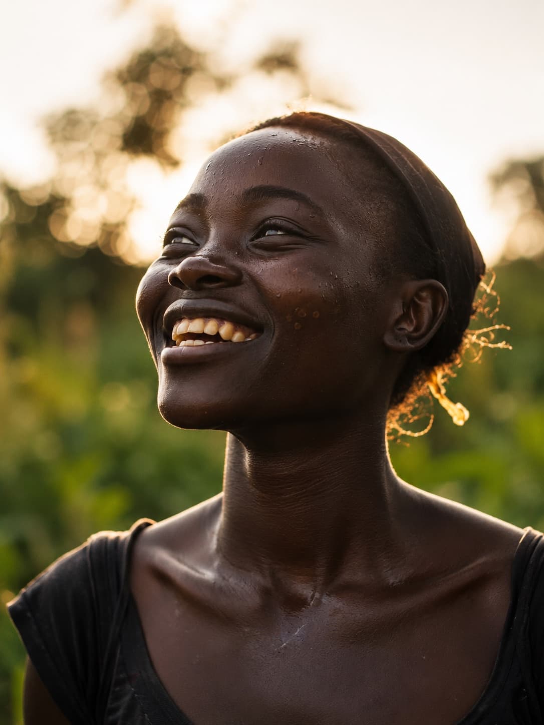 A young volunteer smiling in the late afternoon light during a community cleanup