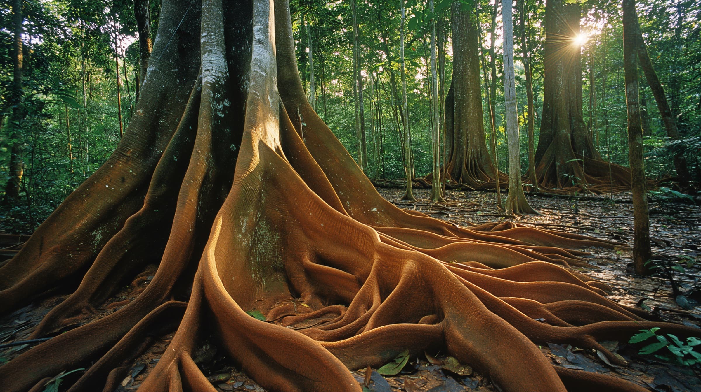 Sunlight falling on the sprawling roots of a forest tree